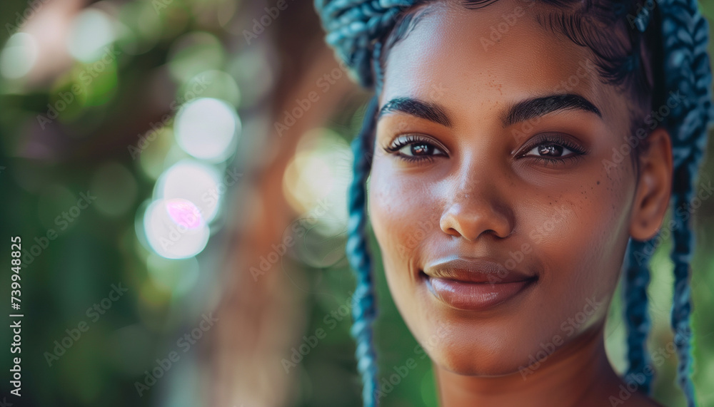 A close-up of a happy black woman with blue hair in a green park, evoking a sense of serenity and gratitude A close-up of a happy black woman with blue hair in a green park, evoking a sense of serenity and gratitude