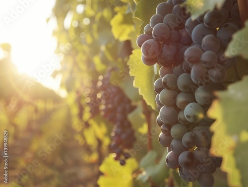 Sunlit scene with ripe grapes close-up on the vineyard, grapes bright rich color, professional photo