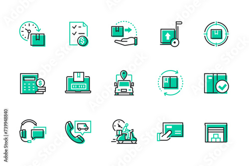 Delivery of goods and logistics - set of line design style icons isolated on white background. High quality images of parcel, courier service, barcode, transportation, warehouse and courier idea