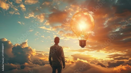 Man with Lightbulb Idea - Inspiration concept with giant glowing bulb photo