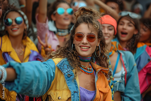 the girls are dressed in the retro style of the 90s, the mood of dancing and fun
 photo