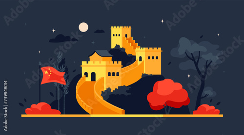 The great Wall of China - modern colored vector illustration with the biggest attraction of asia against the backdrop of night sky with moon. Atmosphere of magical evening and sightseeing tours