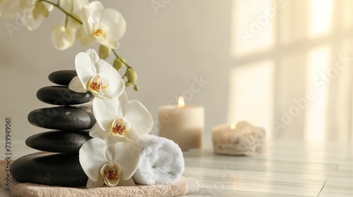 andles  stones and towel in a spa  Burning candles  stones and towel on massage table  white colors