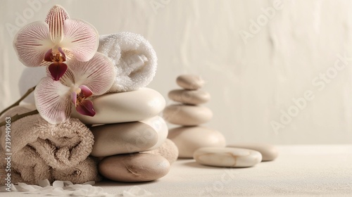  andles  stones and towel in a spa  Burning candles  stones and towel on massage table  white colors