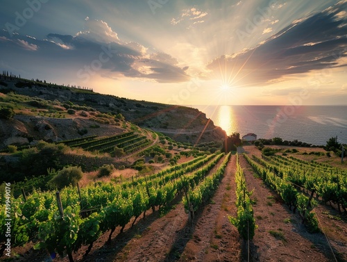Vineyards on the slopes of the Mediterranean coast  rays of the setting sun shining into the camera  warm summer evening  professional photo