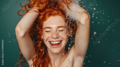 Curly orange haired cheerful woman rinsing shampoo out of her hair, bubbles