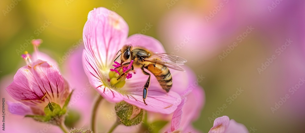 A bee with Hoverfly Eristalis interrupta species is extracting nectar from a pink flower against a blurry backdrop. A bee with Hoverfly Eristalis interrupta species is extracting nectar from a pink flower against a blurry backdrop.
