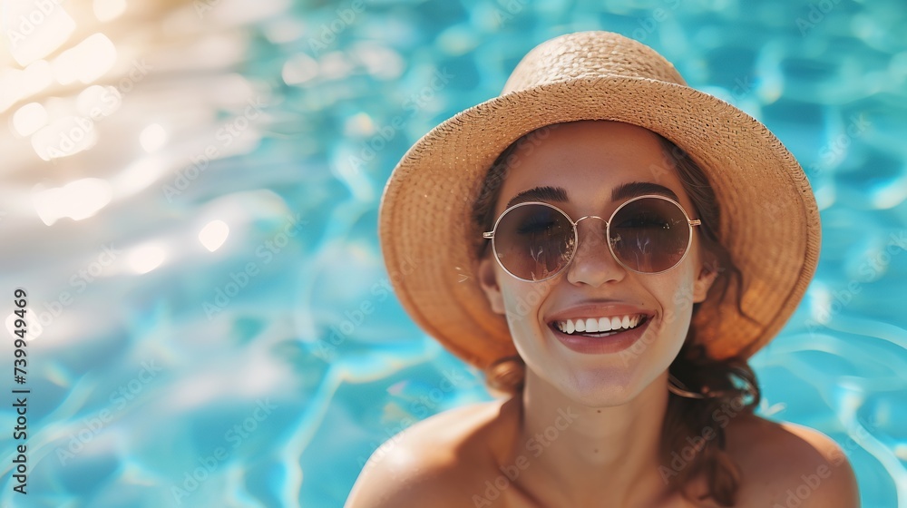 Young smiling woman resting in swimming pool outdoor