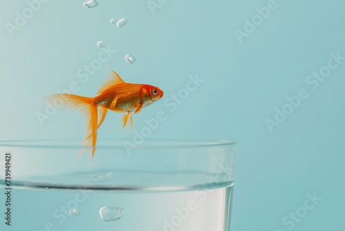 Goldfish on blue background in a air  empty glass of water