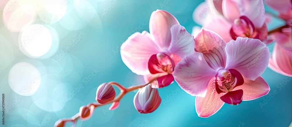 A detailed shot showcasing a pink flower on a branch, highlighting its delicate beauty and vibrant color. A detailed shot showcasing a pink flower on a branch, highlighting its delicate beauty and vibrant color.