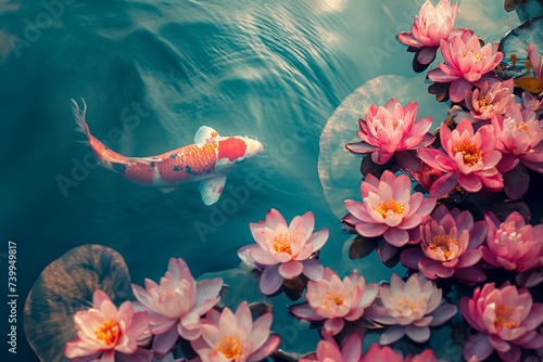 Koi fish swimming, Colorful decorative fish float in an artificial pond with beautiful flowers