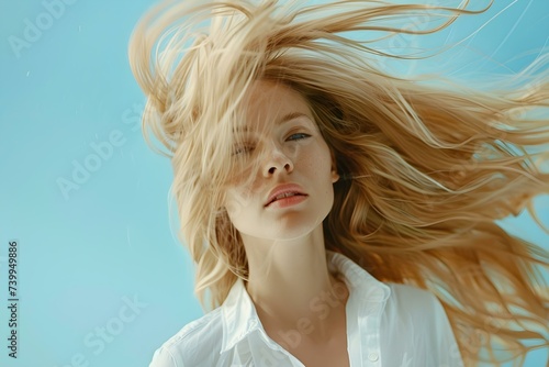 Captivating shampoo advertisement featuring an enthusiastic model with flowing blonde hair. Concept Shampoo Advertisement, Enthusiastic Model, Blonde Hair, Captivating, Flowing Locks