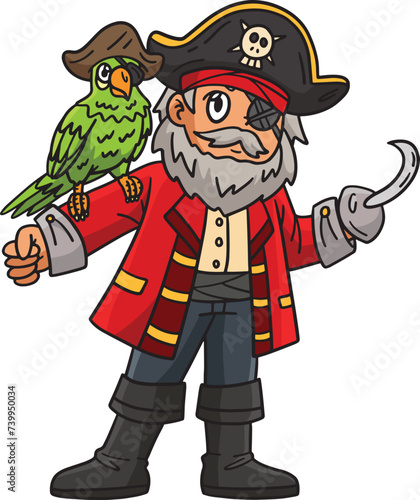 Pirate Captain with Parrot Cartoon Colored Clipart