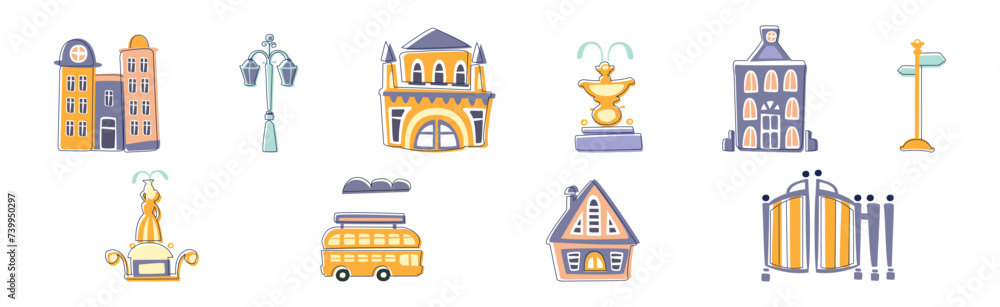 City Landscapes Element with Fountain, Building and Navigation Pole Vector Set