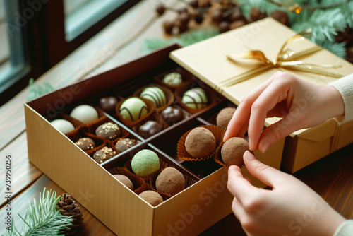 person arranging truffles in a gift box photo