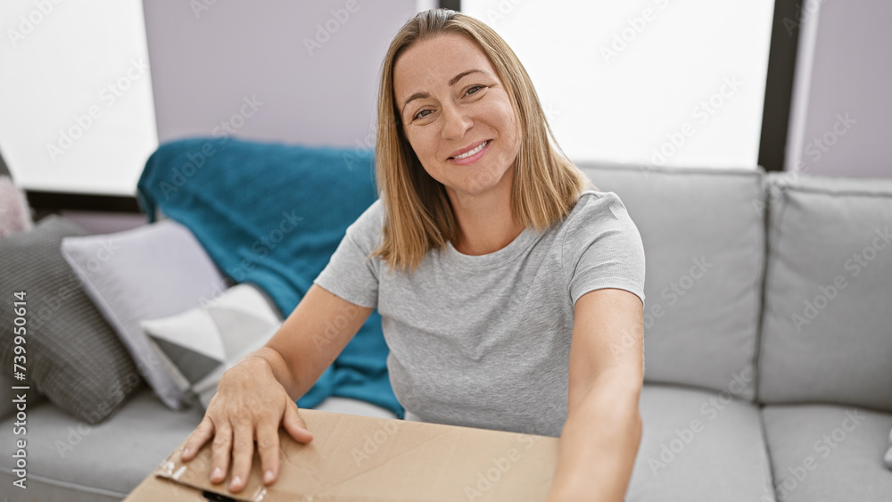Joyful, confident young blonde woman enjoying her relaxed time packing clothes into packages while comfortably sitting on sofa at home Joyful, confident young blonde woman enjoying her relaxed time packing clothes into packages while comfortably sitting on sofa at home