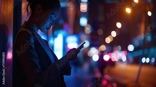 Woman Using Mobile App on the Phone under Lights at Night. Lifestyle, Smartphone, Application
 photo