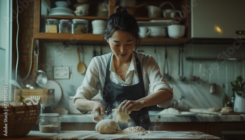 An Asian woman kneading dough in her kitchen, evoking a sense of serenity and gratitude