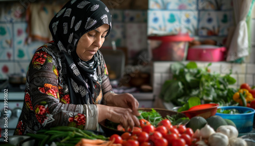 A muslim woman in a hijab assorting fresh vegetables for cooking in her kitchen photo