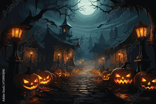 3d render illustration digital painting halloween lots of lights inside the house spooky atmosphere. photo