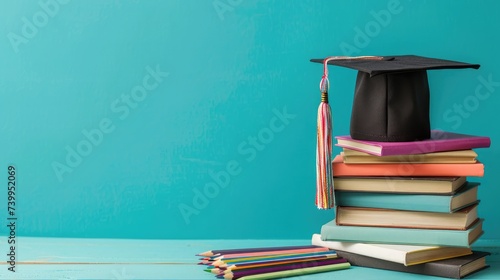 Graduation day.A mortarboard and graduation scroll on stack of books with pencils color in a pencil case on blue background.Education learning concept. photo