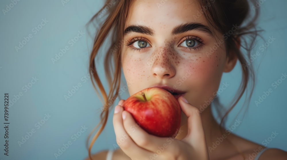 Young woman eating an apple. Healthy food concept. Ai generated image Young woman eating an apple. Healthy food concept. Ai generated image