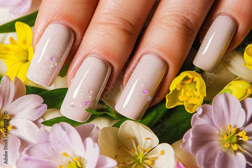 nails with a glossy finish and an assortment of spring flowers photo