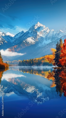 Tranquil waters and autumn hues beneath the snow-capped mountain majesty