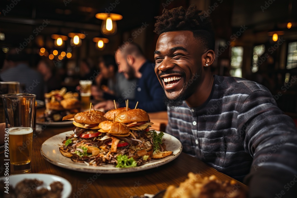Portrait of a smiling and happy man in a cafe who was served a megaburger. Portrait of a smiling and happy man in a cafe who was served a megaburger.