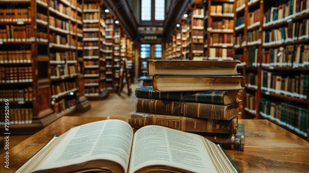 Old book in library with open textbook, stack piles of literature text archive on reading desk, and aisle of bookshelves in school study class room background for academic education learning concept Old book in library with open textbook, stack piles of literature text archive on reading desk, and aisle of bookshelves in school study class room background for academic education learning concept