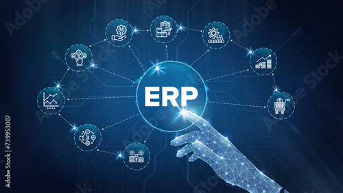 ERP - Enterprise Resource Planning solution software or application construction concept on virtual screen. photo