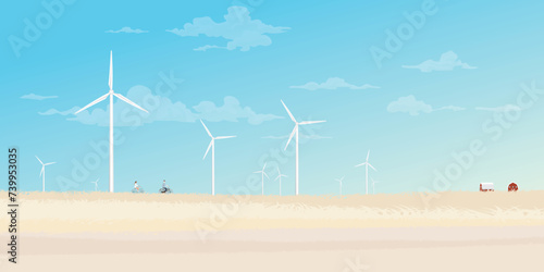 Man and woman riding bicycle together in countryside fields with wind turbines and blue sky background flat design vector illustration. Sustainable renewable green energy concept. 