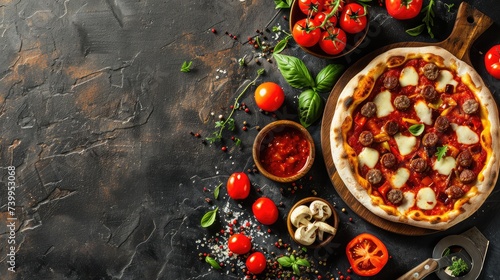 pizza sausage, tomato sauce, cheese Menu concept, food background, diet. top view. copy space for tex