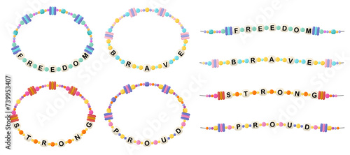 Collection of vector jewelry, children's ornaments. Bracelet of handmade plastic beads. Set of bright colorful braided bracelets with letters from words freedom, brave, strong, proud.