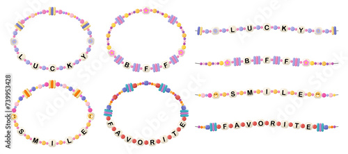 Collection of vector jewelry, children's ornaments. Bracelet of handmade plastic beads. Set of bright colorful braided bracelets with letters from words lucky, bff, smile, favorite