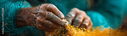 Close up of a fishermans net being mended the art of preparation photo