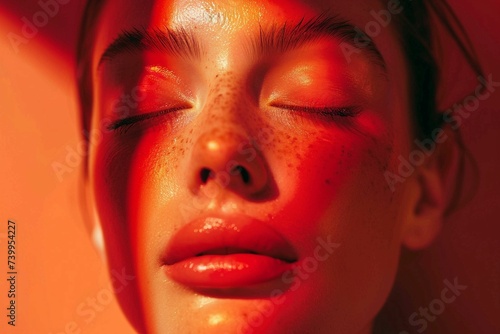 Woman s close up portrait in red morning lights. Beauty concept.