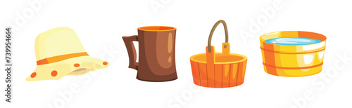 Sauna and Bath Object and Equipment with Wooden Tub Vector Set