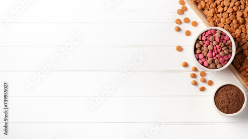 Pellets food for dog and cat with accessories on white background, text space photo
