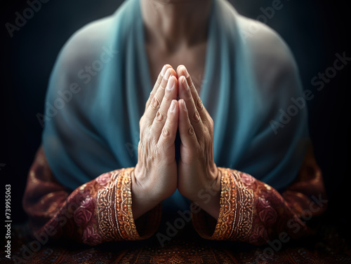 Praying hands with faith in religion and belief in God on dark background. Power of hope or love and devotion. Namaste or Namaskar hands gesture. Prayer position.