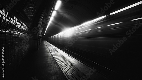 Underground subway tunnel an empty train speeding into the void