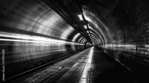 Underground subway tunnel an empty train speeding into the void