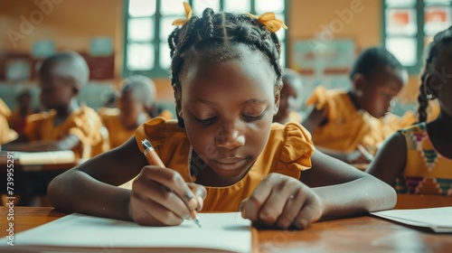 Cute pupil writing at desk in classroom at the elementary school. Student girl doing test in primary school. Children writing notes in classroom. African schoolgirl writing during the lesson. photo