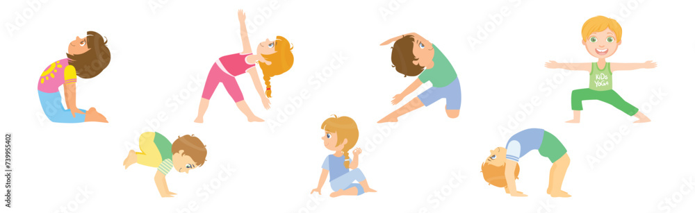 Children Doing Yoga Physical Exercises in Different Asana Vector Set Children Doing Yoga Physical Exercises in Different Asana Vector Set