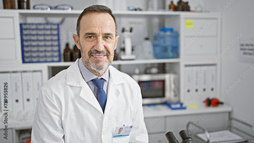 Confident middle age man with grey hair, joyfully smiling as he works in the lab, embodying the happy scientist in his element.