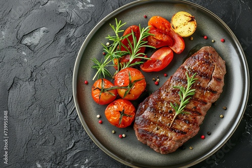 Grilled sliced Beef Steak with tomatoes and rosemary on plate on dark background, top view