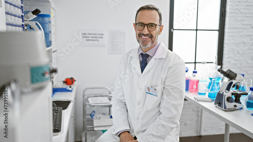 Joyful middle age man with grey hair, bearded and glasses - a secure, smiling scientist sitting in lab, engrossed in his research work and medical experiments.