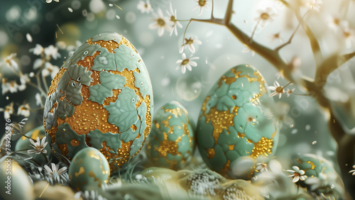 Futuristic Easter Background with Enchanted Turquoise and Gold Leaf Patterned Easter Eggs Among Blossoms