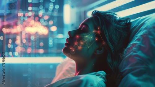 Visual Neurostimulation Experiment - A depiction of a woman with a neural network mapping on her face, highlighting a visual stimulation study or mental connectivity photo