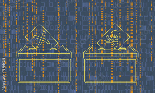 election ballot boxes with rightful versus piracy vote tampering data for democracy in danger hacking concept background